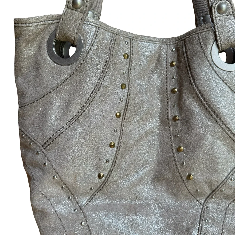 Fossil Metallic Suede Leather Double Handle Shoulder Bag Tote Purse 13x11x4
